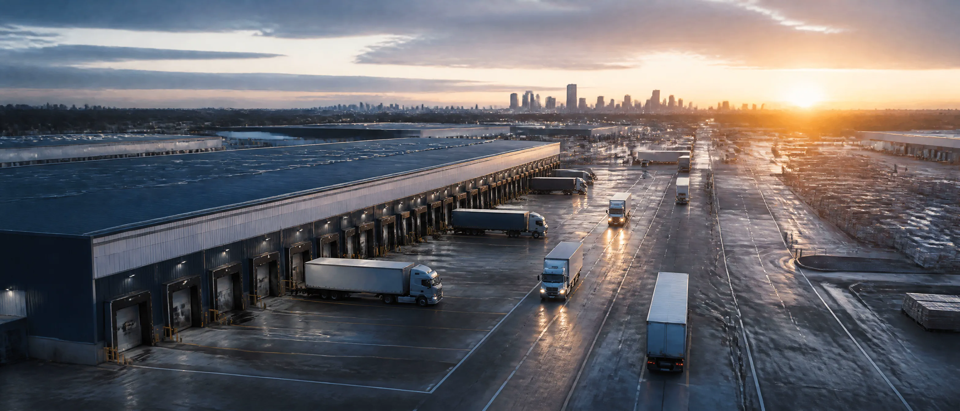 A freight yard with trucks and warehouse lanes at sunrise